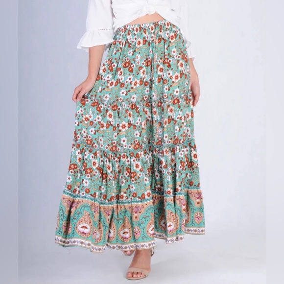 JAR OF HEARTS Boho Lover Aqua Turquoise Floral High Waisted Tiered Maxi Skirt - Picture 6 of 16